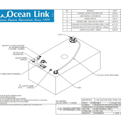 42 Gallon Rectangle Shaped Fuel Tank 37.26"L x 22.57"W x 12.74"H FOLT4221BR-7