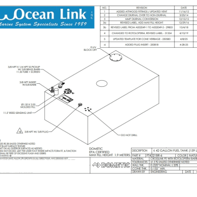42 Gallon Rectangle Shaped Fuel Tank 37.26" x 22.57" x 12.74" FOLT4221BR-6M