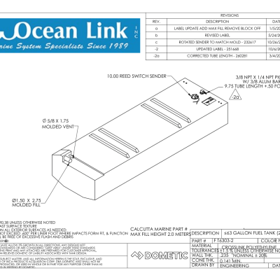 63 Gallon Belly Shaped Fuel Tank, 68.5″ x 22″ x 13″, FOLT6303-2M